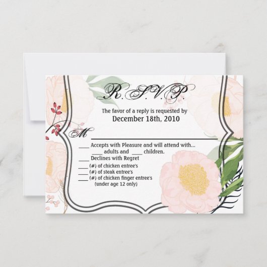 5 x 3.5 R.S.V.P.カード白フローラ花オンホワイト 招待状 (正面)
