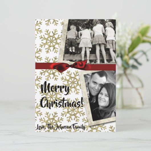 5 x 7クリスマスクリスマス金ゴールドスノーフレークグリットPHOTOカード シーズンカード (スタンド正面)