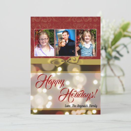 5 x 7クリスマスクリスマス金ゴールド《写真》ぼけ味ライトPHOTOカード シーズンカード (スタンド正面)