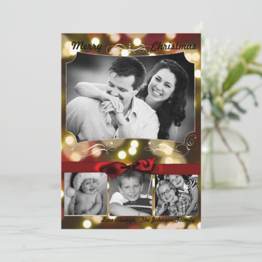 5 x 7クリスマスクリスマス金ゴールド《写真》ぼけ味ライトPHOTOカード シーズンカード (スタンド正面)
