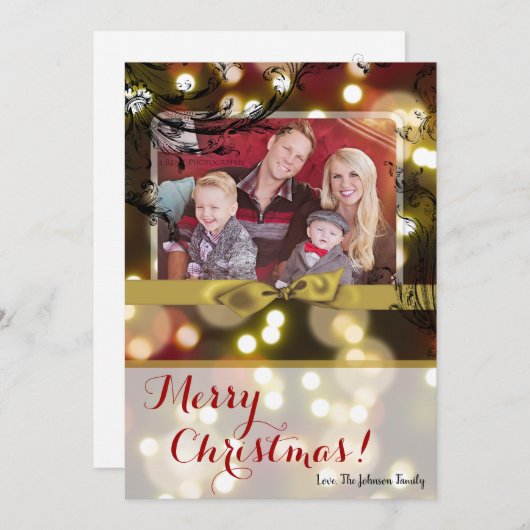 5 x 7クリスマスクリスマス金ゴールド《写真》ぼけ味ライトPHOTOカード シーズンカード (正面/裏面)