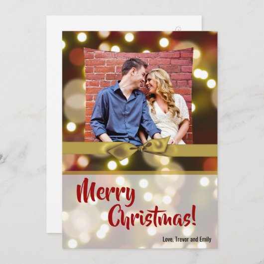 5 x 7クリスマスクリスマス金ゴールド《写真》ぼけ味ライトPHOTOカード シーズンカード (正面/裏面)