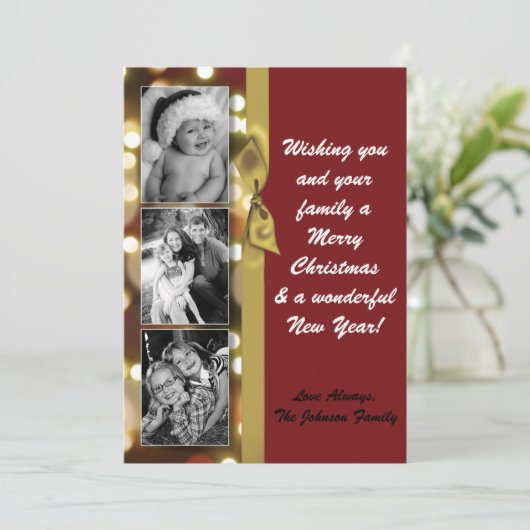 5 x 7クリスマスクリスマス金ゴールド《写真》ぼけ味ライトPHOTOカード シーズンカード (スタンド正面)