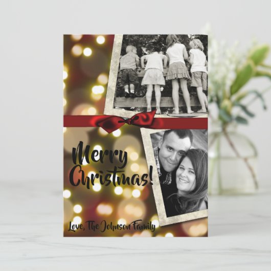 5 x 7クリスマスクリスマス金ゴールド《写真》ぼけ味ライトPHOTOカード シーズンカード (スタンド正面)