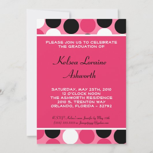 5 x 7ピンク水玉模様写真卒業招待状 招待状 (裏面)