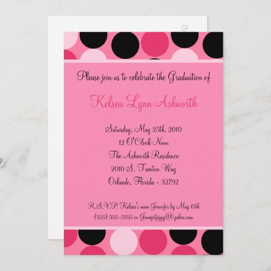 5 x 7ピンク水玉模様卒業招待状発表 招待状 (正面/裏面)