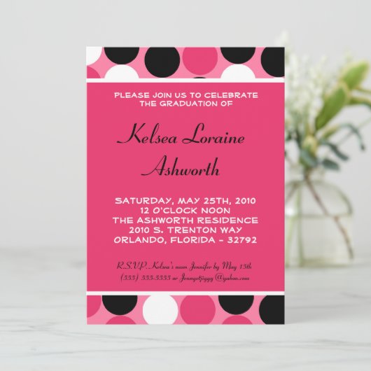 5 x 7ピンク水玉模様卒業招待状発表 招待状 (スタンド正面)