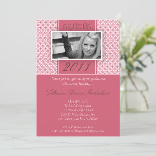 5 x 7ブラウンピンク水玉模様卒業発表 招待状 (スタンド正面)