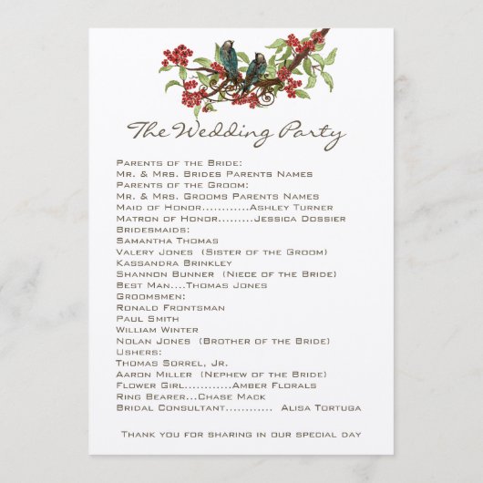 5 x 7ヴィンテージラブバードティーステイン結婚式 プログラム (裏面)