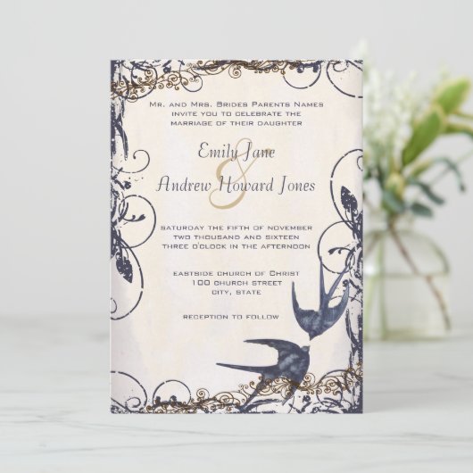 5 x 7ヴィンテージラブバード海軍の結婚式 招待状 (スタンド正面)