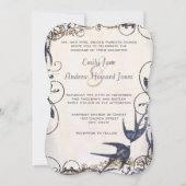 5 x 7ヴィンテージラブバード海軍の結婚式 招待状 (正面)