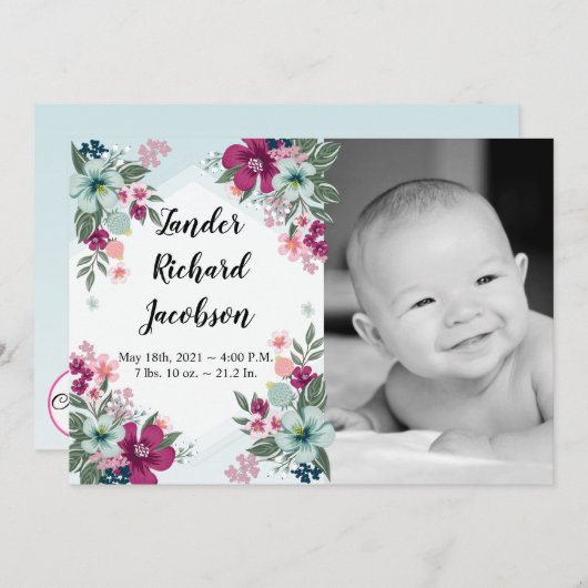 5 x 7写真誕生のお知らせ陸軍トロピカルフラワー 案内状 (正面/裏面)