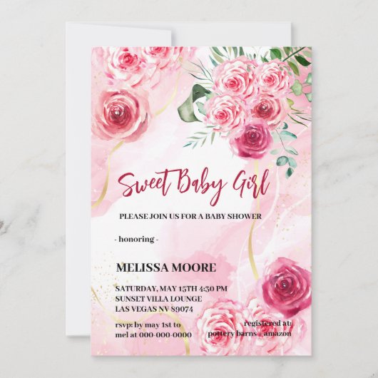 5 x 7招待状水彩マゼンタピンクロース 招待状 (正面)