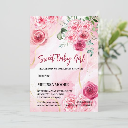 5 x 7招待状水彩マゼンタピンクロース 招待状 (スタンド正面)