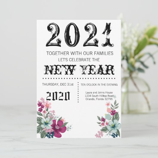 5 x 7新年イブ招待状熱帯花オン 招待状 (スタンド正面)