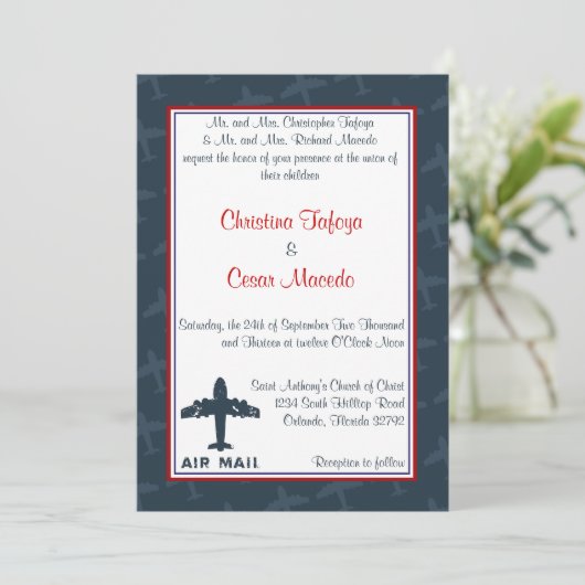 5 x 7結婚式招待状飛行機青/赤 招待状 (スタンド正面)