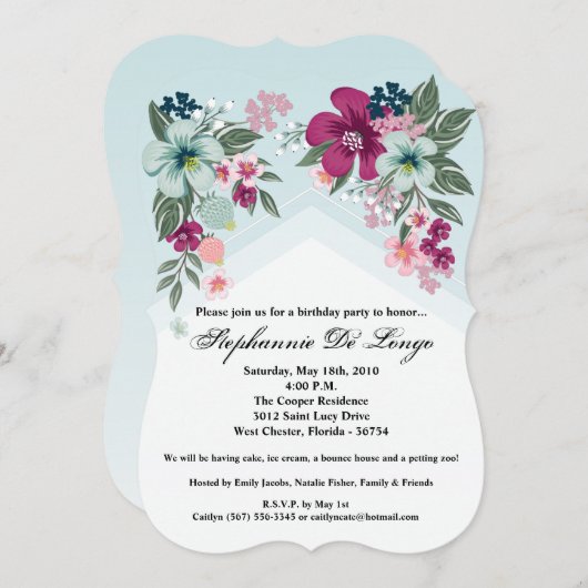 5 x 7誕生日招待状トロピカルフラワーオンブルーオーム 招待状 (正面/裏面)