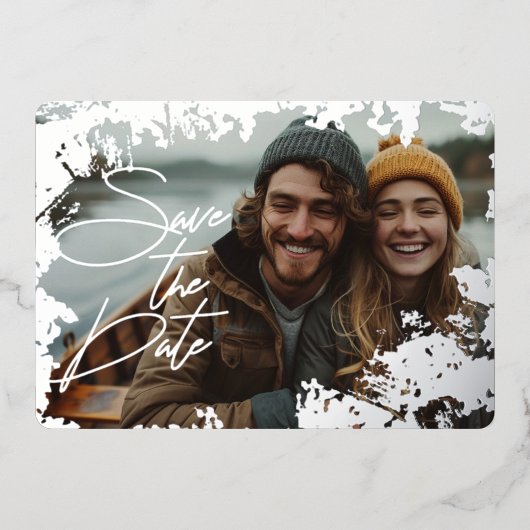 5" x 7" ラスティックシルバーフォイル Save the Date カード (正面)
