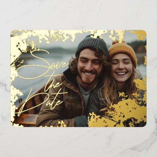 5" x 7" ラスティック リアル ゴールド箔押し Save the Date カード (正面)