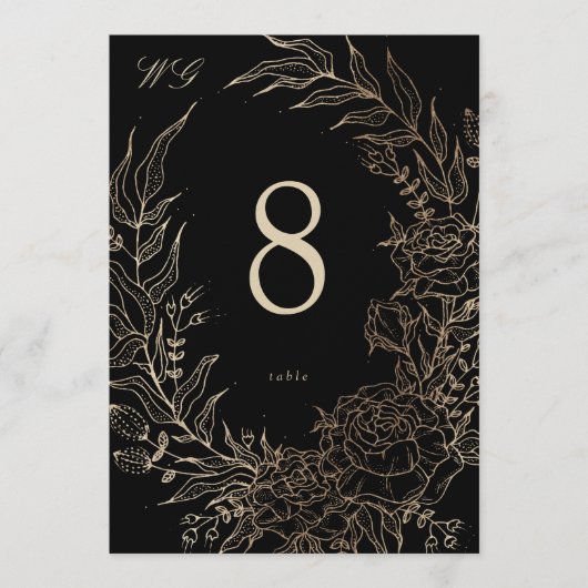 5 x 7 Black Gold Florals Wedding Table Number 招待状 (正面)