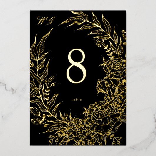 5 x 7 Black Gold FOIL Florals Wedding Table Number 箔招待状 (正面)