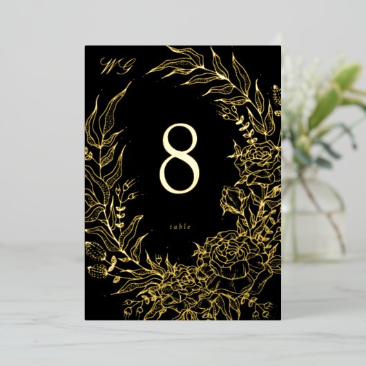 5 x 7 Black Gold FOIL Florals Wedding Table Number 箔招待状 (立ち正面)
