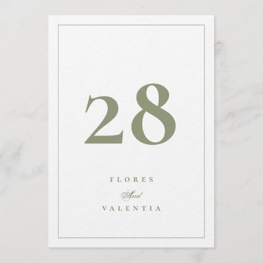 5 x 7 Elegant Moss Green Wedding Table Numbers 招待状 (正面)