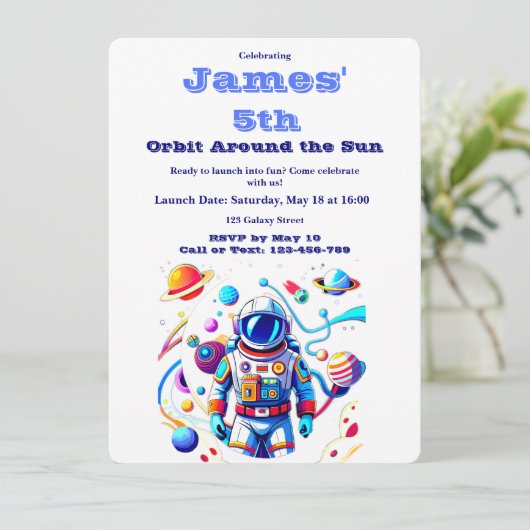 5 Year Old Space Birthday Custom Astronaut Orbit  招待状 (スタンド正面)