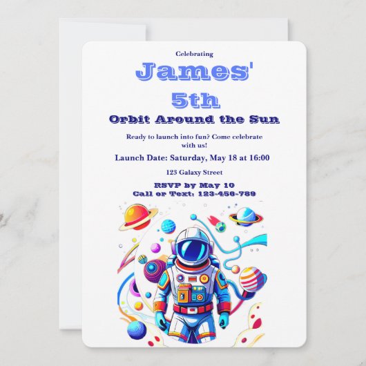 5 Year Old Space Birthday Custom Astronaut Orbit  招待状 (正面)