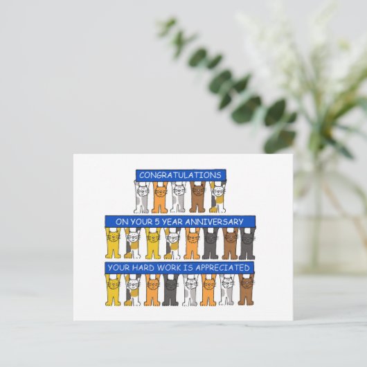 5 Year Work Anniversary Congratulations Cats ポストカード (スタンド正面)