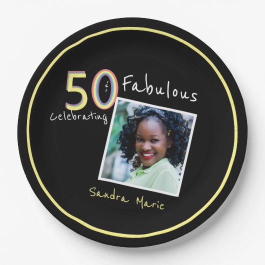 5Oと素晴らしいブラックイエローレインボーシック誕生日 ペーパープレート (正面)