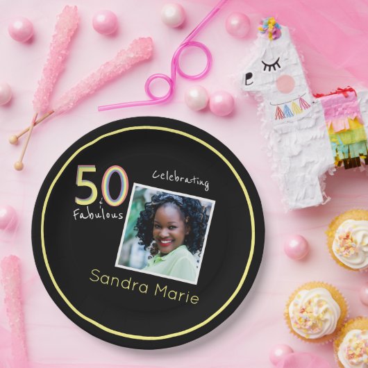 5Oと素晴らしいブラックイエローレインボーシック誕生日 ペーパープレート (パーティー)