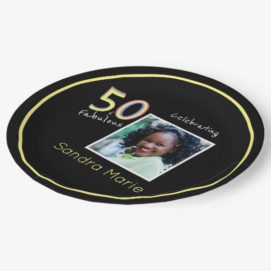 5Oと素晴らしいブラックイエローレインボーシック誕生日 ペーパープレート (アングル)