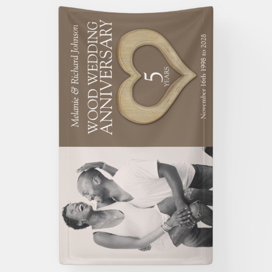 5thウッドの結婚記念日ハート写真 横断幕 (縦)