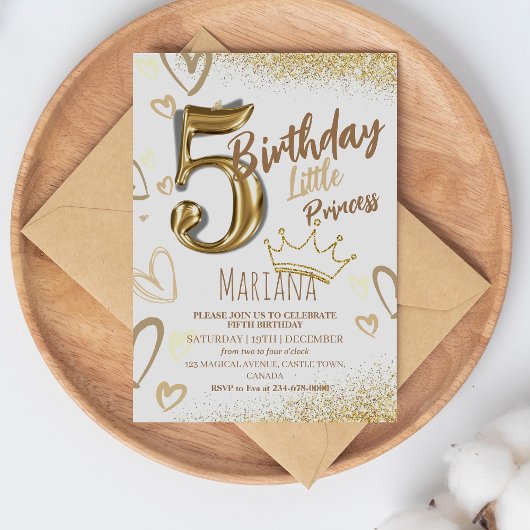 5thリトルプリンセス金ゴールドグリッタークール誕生日 招待状