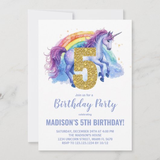 5thレインボーユニコーン誕生日招待状 招待状 (正面)