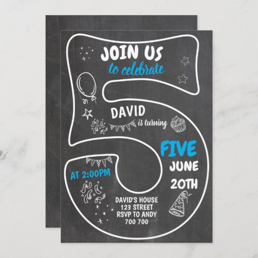 5th少年誕生日シャルボードブルー番号 招待状 (正面/裏面)