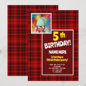 5th誕生日パーティーチェックプライド赤ブラック 招待状 (正面/裏面)