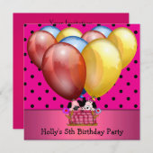 5th誕生日パーティー犬の風船ブルーイエローピンク 招待状 (正面/裏面)