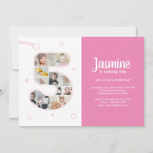 5th誕生日パーティー番号5カスタムフォトコラージュ 招待状 (正面)