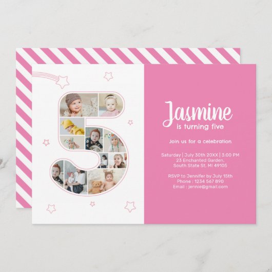5th誕生日パーティー番号5カスタムフォトコラージュ 招待状 (正面/裏面)