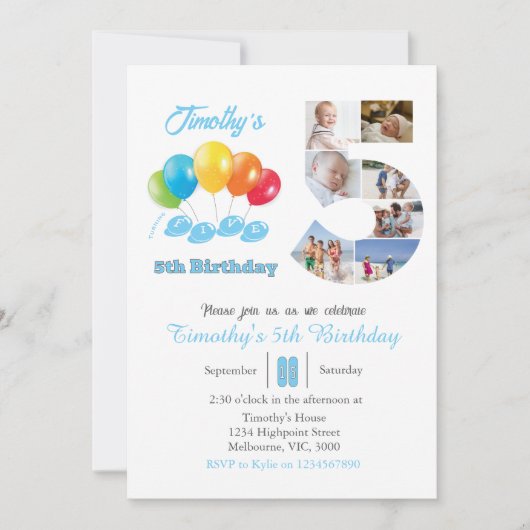 5th誕生日フォトコラージュ番号5男の子 招待状 (正面)