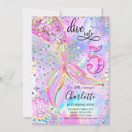 5th誕生日マーメイド招待状エディにダイブ 招待状 (正面)