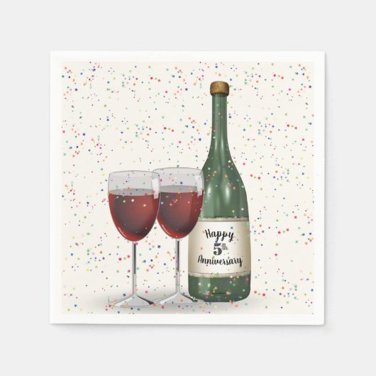 5th Anniversary Party Wine Bottle and Two Glasses スタンダードカクテルナプキン (正面)