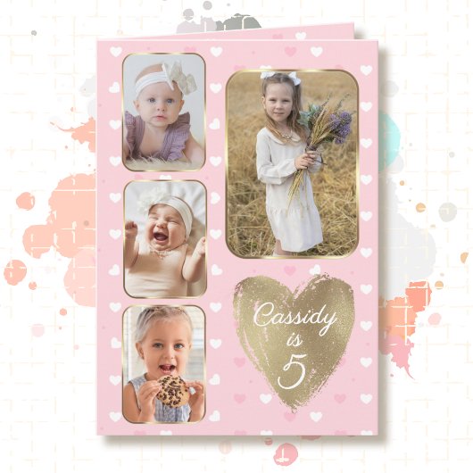 5th Birthday 4 Picture Collage Gold Pink Hearts カード