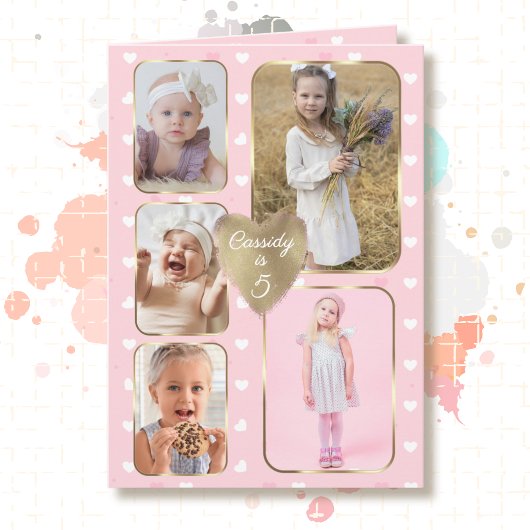 5th Birthday 5 Picture Collage Gold Pink Hearts カード