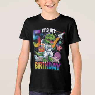5th Birthday Dinosaur Astronaut T-Rex Space Kids トライブレンドＴシャツ
