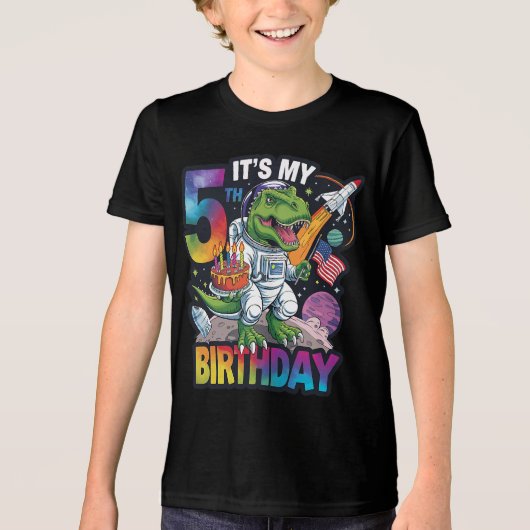 5th Birthday Dinosaur Astronaut T-Rex Space Kids トライブレンドＴシャツ (正面)