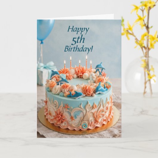 5th Birthday Dolphin Cake card カード (黄色い花)