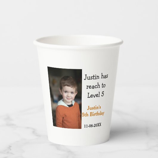 5th birthday game on boy photo name modern date  紙コップ (正面)